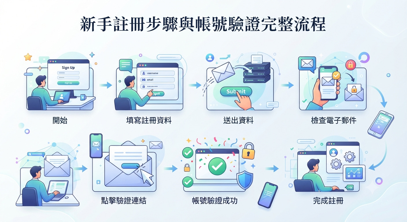這是一張以「新手註冊步驟與帳號驗證完整流程」為標題的資訊圖表。 圖中透過多個插圖與步驟指引,清晰呈現從填寫資料到驗證成功的完整操作過程。